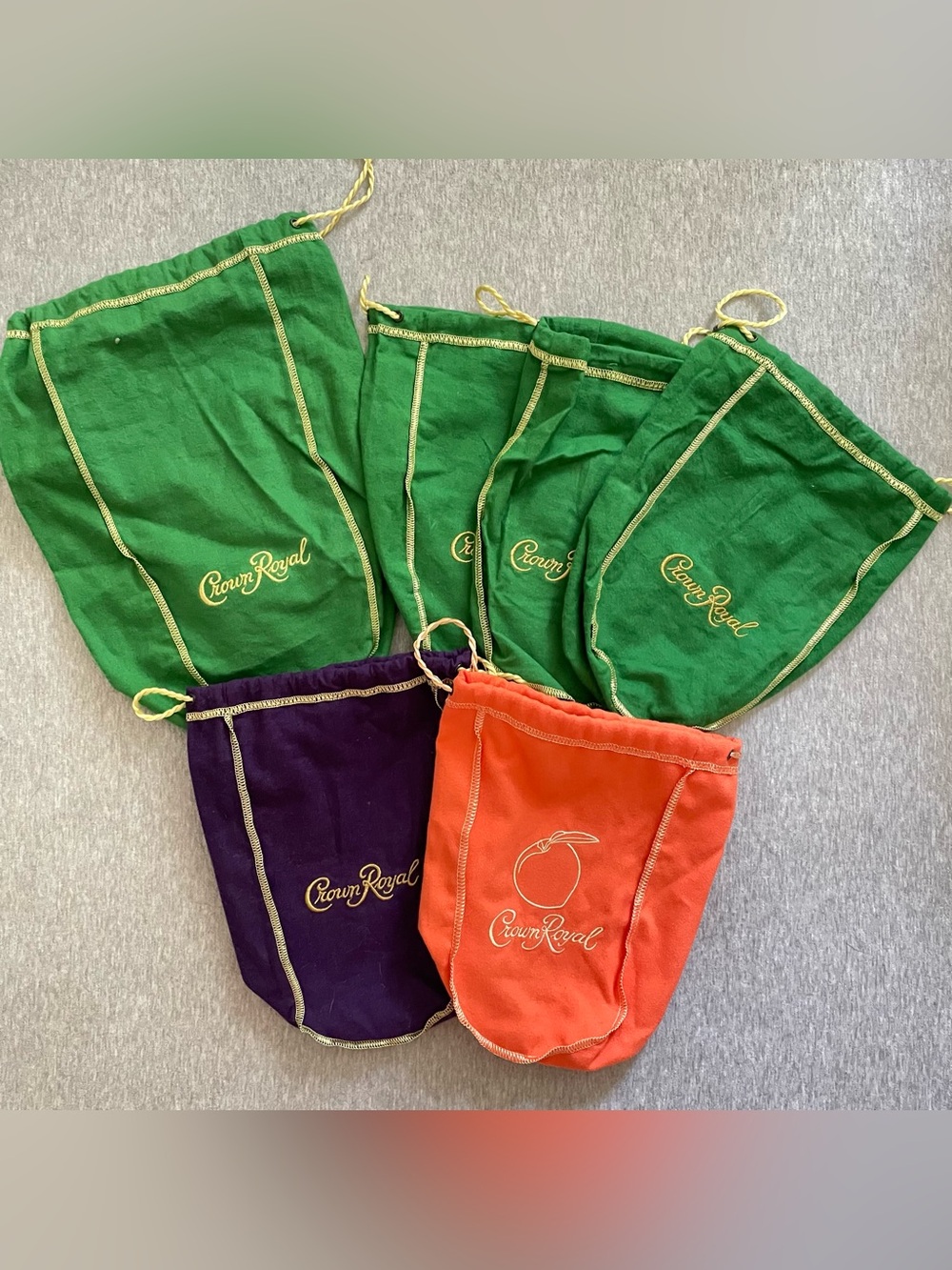 Crown Royal Drawstring Bags Lot - 4 Green, 1 Purple, 1 Orange